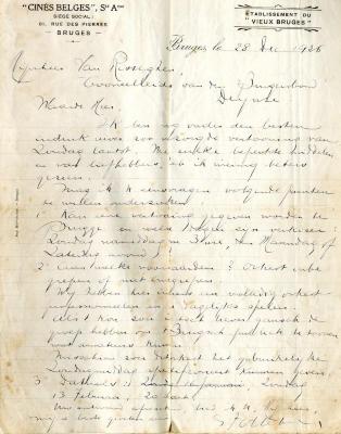 Brief van Cinés Belges siége social, établissement du "vieux Bruges"